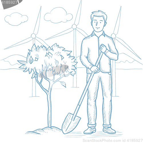 Image of Man plants tree vector sketch illustration.