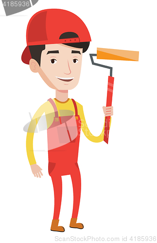 Image of Painter holding paint roller vector illustration.