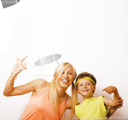 Image of funny mother and son with bubble gum