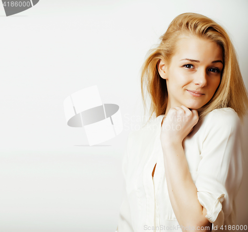 Image of young blond woman on white backgroung gesture thumbs up, isolate