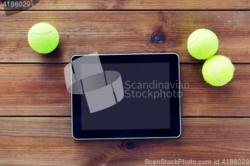 Image of close up of tennis balls and tablet pc on wood