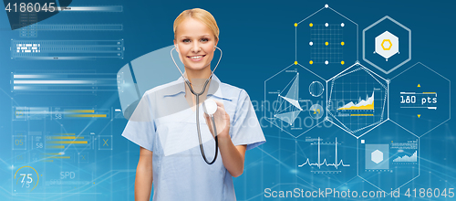 Image of smiling female doctor or nurse with stethoscope