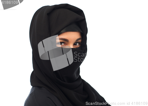 Image of muslim woman in hijab over white background