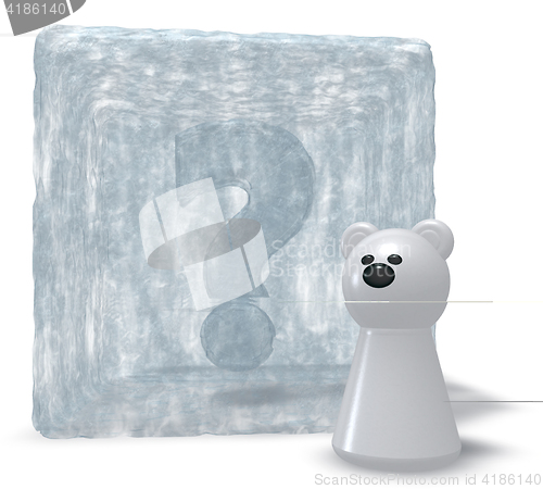 Image of polar bear and frozen question mark - 3d illustration