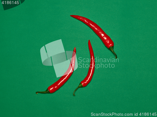 Image of bitter chili pepper and paprika on a green background