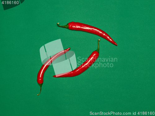 Image of bitter chili pepper and paprika on a green background