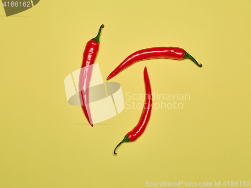 Image of bitter chili pepper and paprika on a yellow background