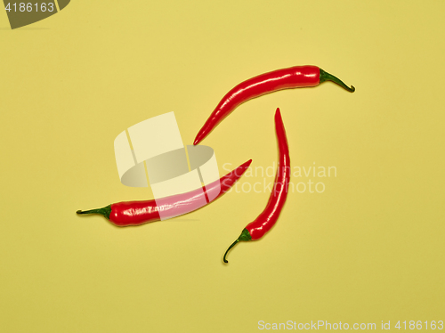 Image of bitter chili pepper and paprika on a yellow background