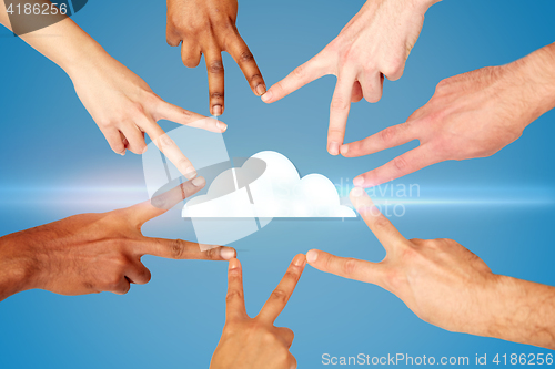 Image of hands showing peace hand sign over cloud icon