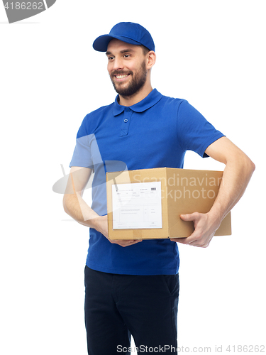 Image of happy delivery man with parcel box