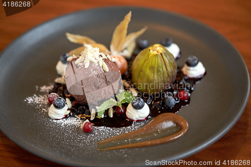 Image of close up of chocolate ice cream dessert on plate