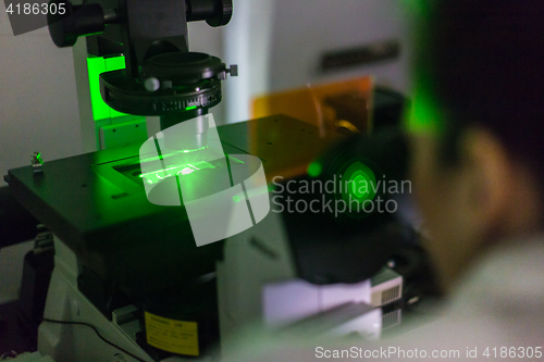 Image of Life science researcher microscoping in genetic scientific laboratory.