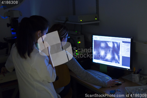 Image of Life science researcher microscoping in genetic scientific laboratory.