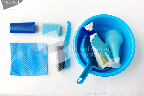 Image of basin with cleaning stuff on white background