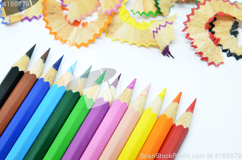 Image of Sharpened color pencil and wood shavings 