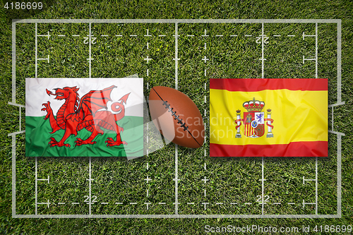 Image of Wales vs. Spain flags on rugby field