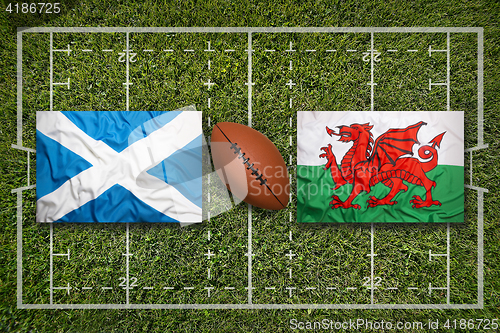 Image of Scotland vs. Wales\r flags on rugby field