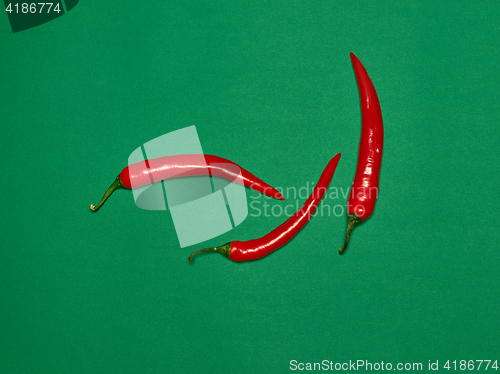 Image of bitter chili pepper and paprika on a green background
