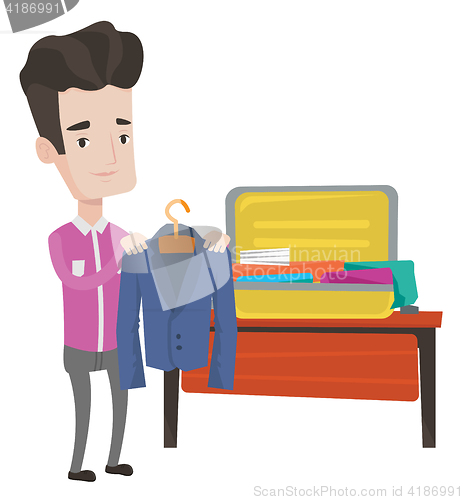 Image of Young man packing his suitcase vector illustration