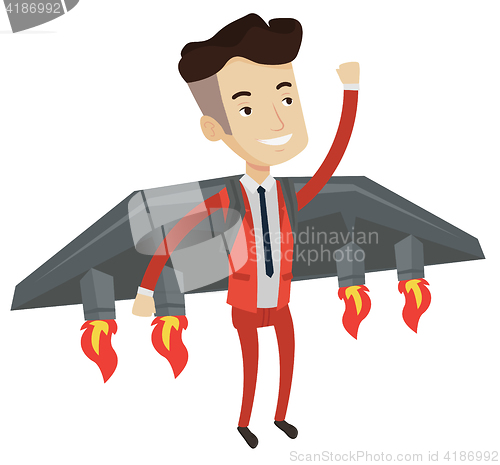 Image of Happy businessman flying on the rocket to success.