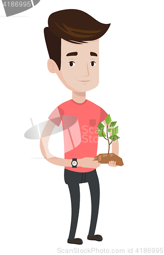 Image of Man holding green small plant vector illustration.