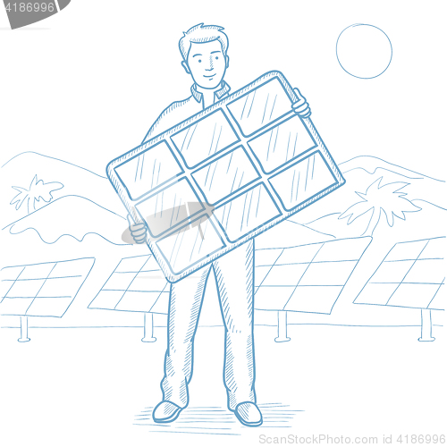 Image of Man holding solar panel vector sketch illustration