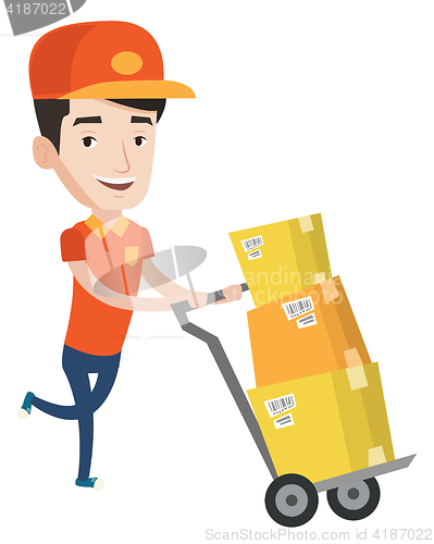 Image of Delivery postman with cardboard boxes on trolley.