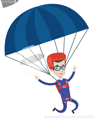 Image of Young happy man flying with parachute.