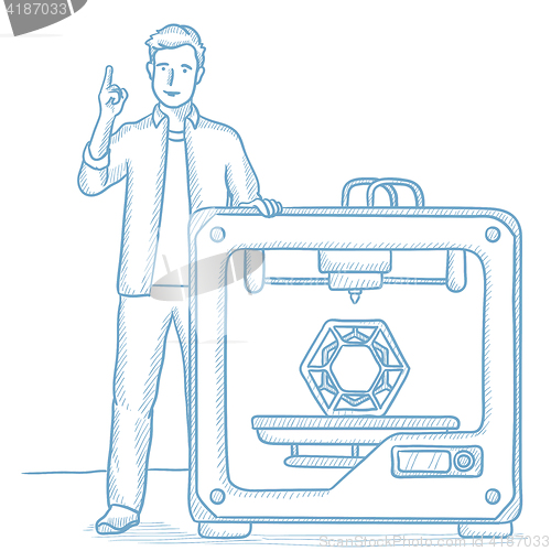 Image of Man with three D printer vector illustration.