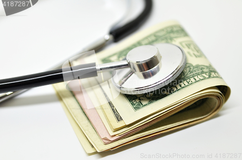 Image of Stethoscope sitting on US dollar bills