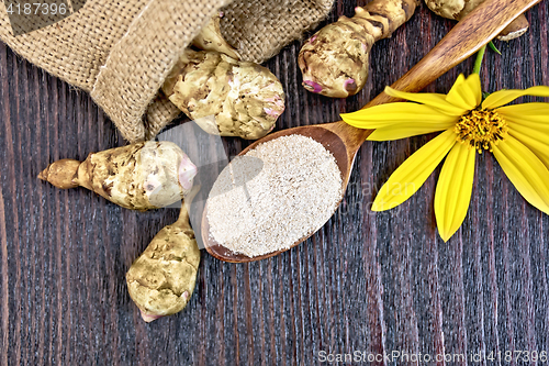 Image of Flour of Jerusalem artichoke in spoon with vegetable on dark boa