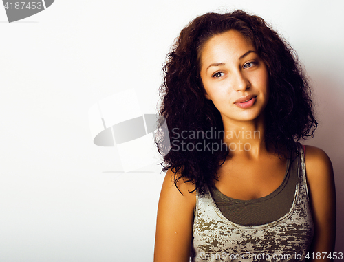 Image of young pretty stylish hipster girl posing emotional isolated on white background happy smiling cool smile, lifestyle people concept 