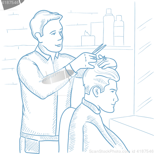 Image of Barber making haircut to young man.
