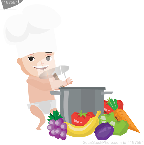 Image of Baby in chef hat cooking healthy meal.
