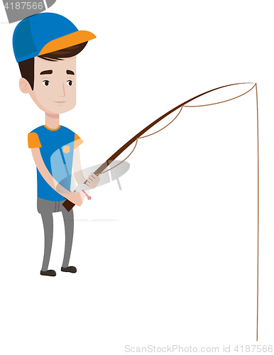 Image of Young man fishing with fish-rod.