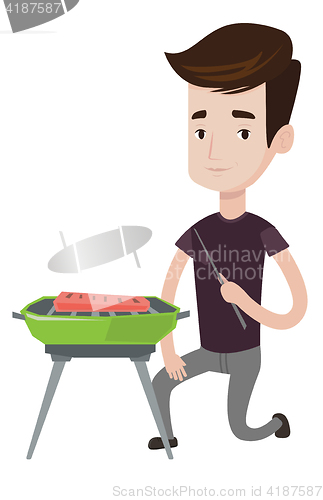 Image of Man cooking meat on barbecue vector illustration.