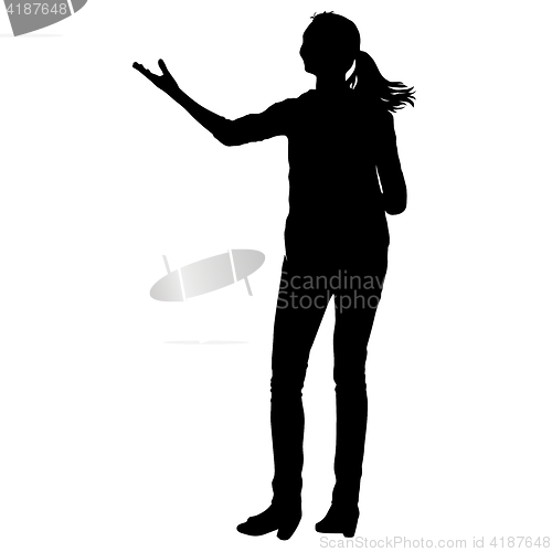 Image of Black silhouettes of beautiful woman with arm raised. illustration