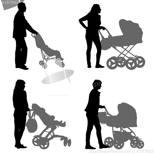 Image of Set black silhouettes Family with pram on white background. illustration