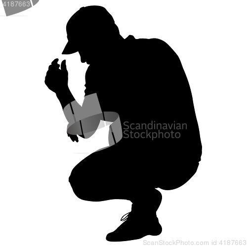 Image of Black silhouettes man sitting on his haunches. illustration