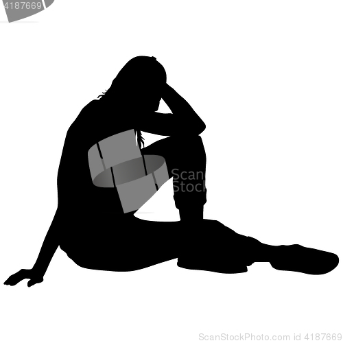 Image of Black silhouettes woman sits leaning on the arm on white background. illustration