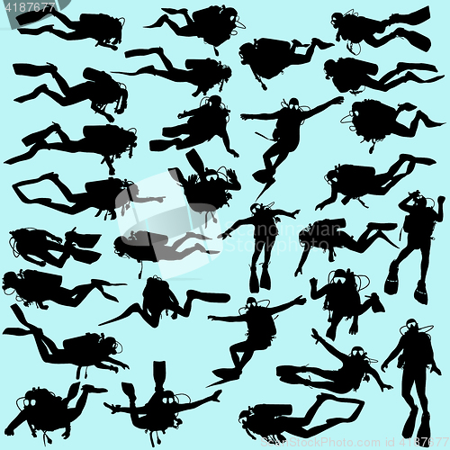 Image of Set black silhouette scuba divers. illustration