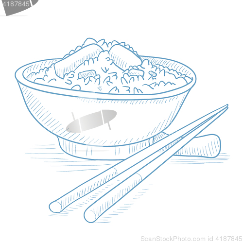 Image of Bowl of boiled rice with chopsticks.