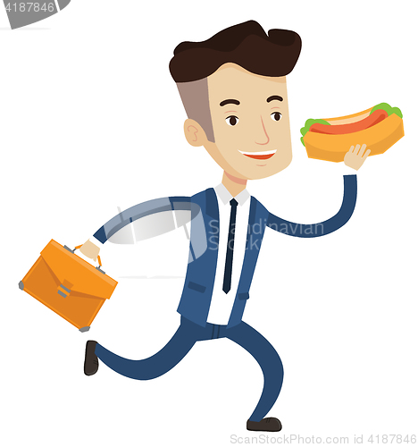 Image of Businessman eating hot dog vector illustration.