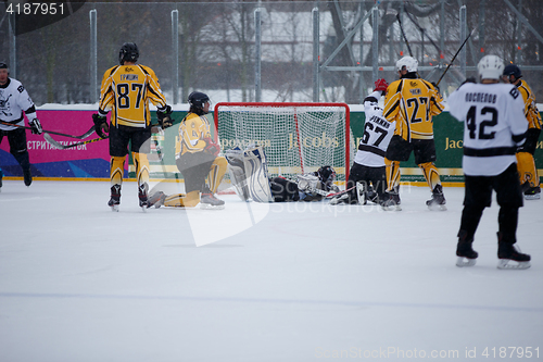 Image of Moscow, Russia - January, 15, 2017: Amateur hockey league LHL-77. Game between hockey team \"New Jersey 53\" and hockey team \"Black and white\".