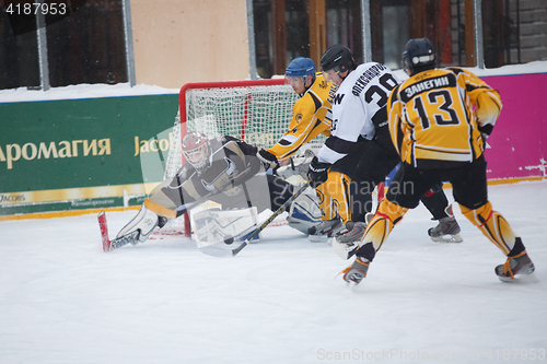 Image of Moscow, Russia - January, 15, 2017: Amateur hockey league LHL-77. Game between hockey team \"New Jersey 53\" and hockey team \"Black and white\".