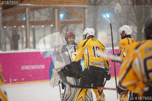 Image of Moscow, Russia - January, 15, 2017: Amateur hockey league LHL-77. Game between hockey team \"New Jersey 53\" and hockey team \"Black and white\".