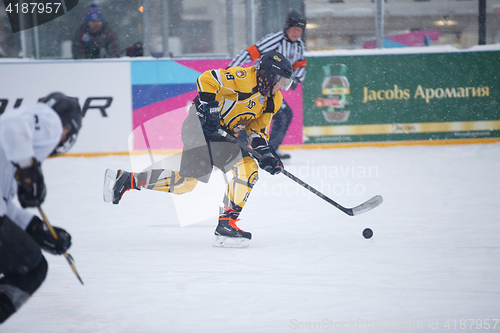 Image of Moscow, Russia - January, 15, 2017: Amateur hockey league LHL-77. Game between hockey team \"New Jersey 53\" and hockey team \"Black and white\".