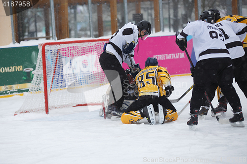 Image of Moscow, Russia - January, 15, 2017: Amateur hockey league LHL-77. Game between hockey team \"New Jersey 53\" and hockey team \"Black and white\".