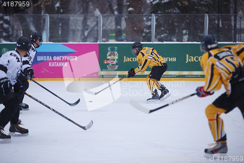 Image of Moscow, Russia - January, 15, 2017: Amateur hockey league LHL-77. Game between hockey team \"New Jersey 53\" and hockey team \"Black and white\".