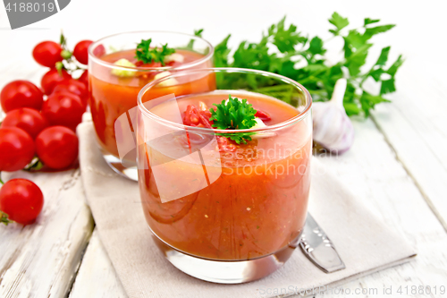 Image of Soup tomato in two glasses on board
